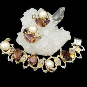 Vintage Chunky Amethyst Glass Faux Pearl Bracelet Earring Set